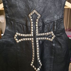 FIRST Genuine Leather Mens Black Lined, Metal Cross Studded Motorcycle Vest